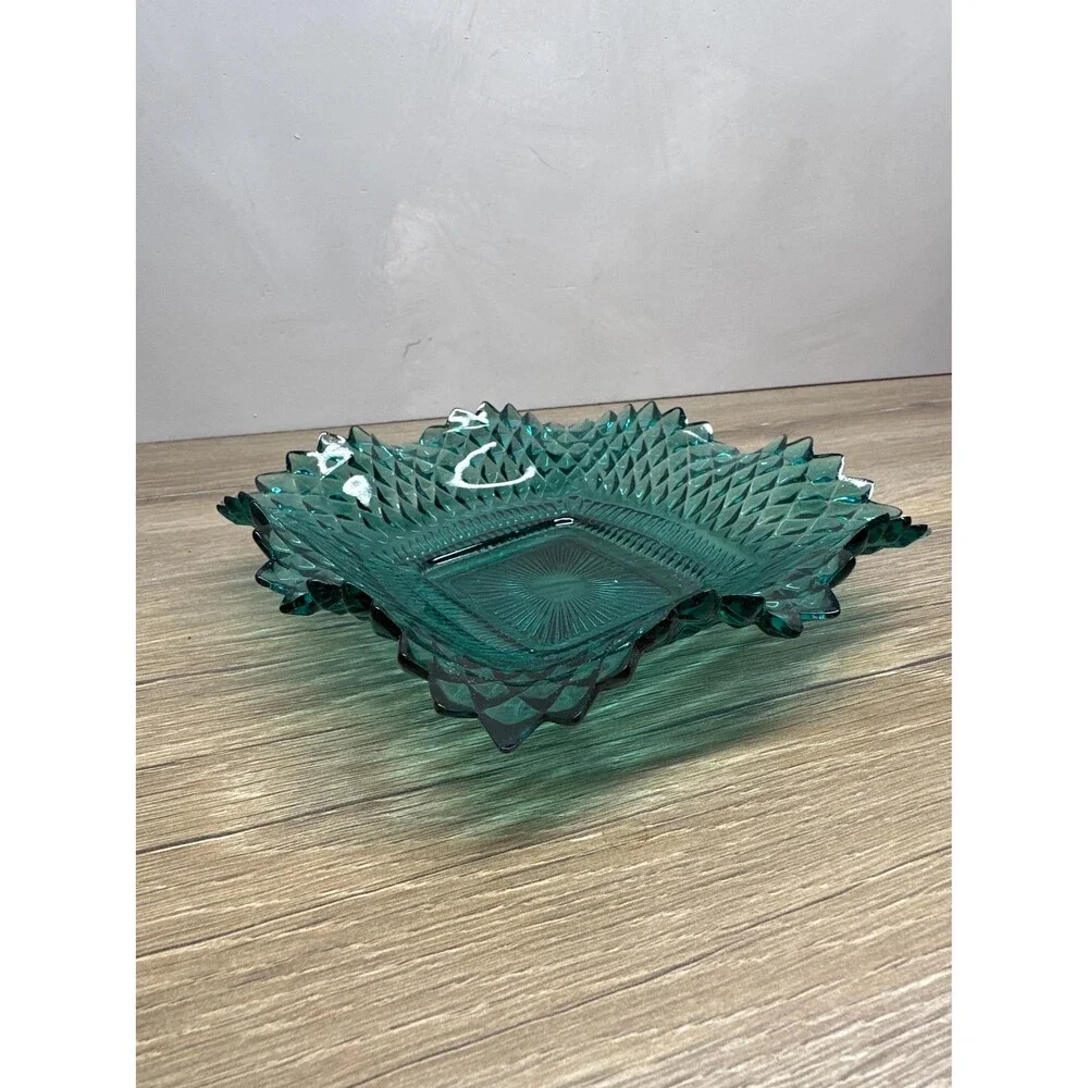 Vintage 1960s Indiana Glass Diamond Point Ruffle Edge Teal Candy Dish, 7 Inches